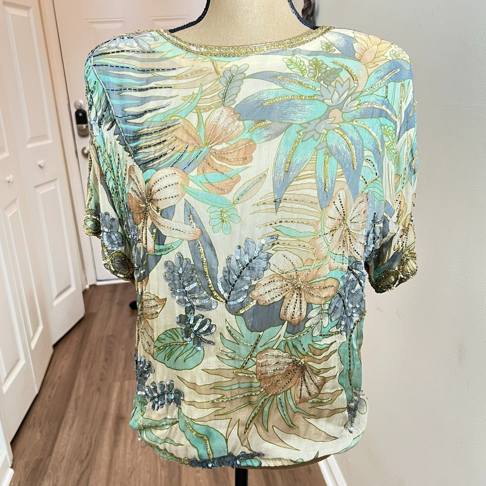 Vintage Judith Ann Creations Neiman Marcus 100%‎ Silk Beaded Floral Blouse Top